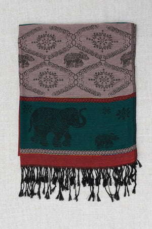 Unfolded pashmina scarf displaying elephant and floral motifs with black fringe