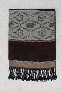 Pashmina scarf with elephant and floral designs, brown accents, and black tasseled edges
