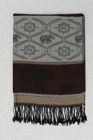 Pashmina scarf with elephant and floral designs, brown accents, and black tasseled edges