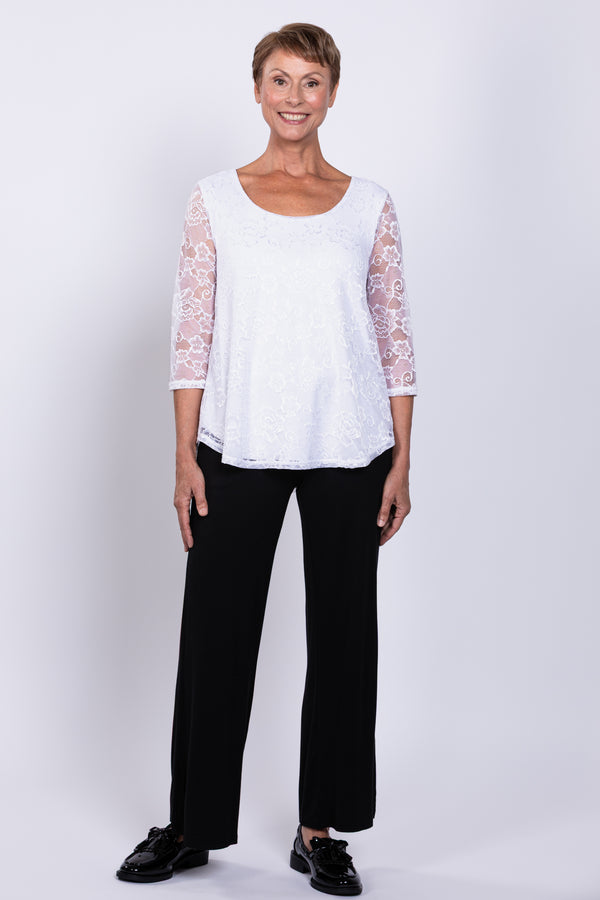 Ellen 3/4 Sleeve Top, White, Bamboo Lace