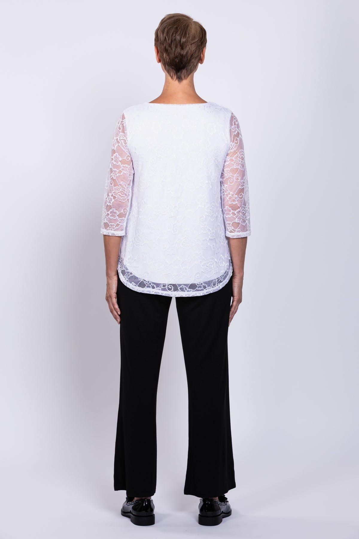 Ellen 3/4 Sleeve Top, White, Bamboo Lace