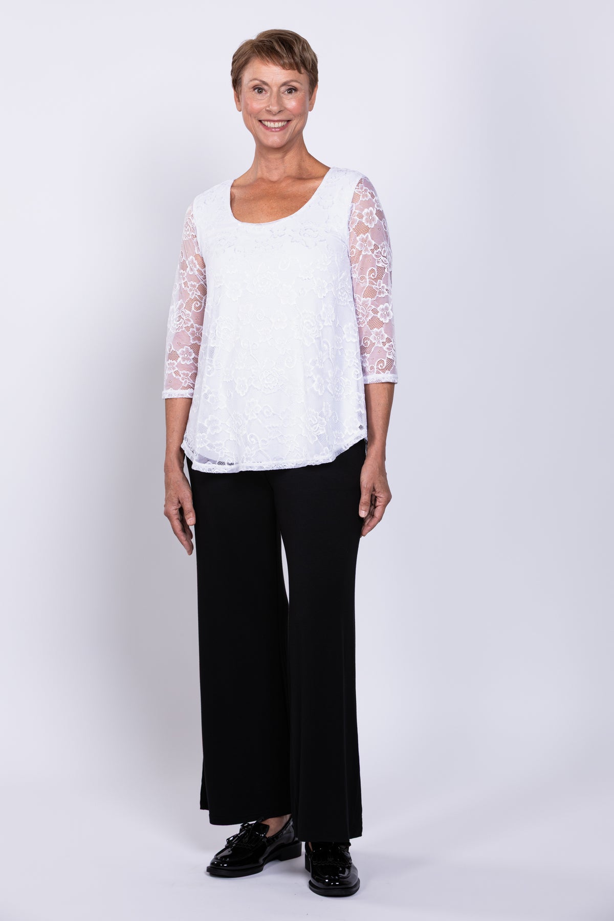 Ellen 3/4 Sleeve Top, White, Bamboo Lace