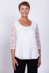 Ellen 3/4 Sleeve Top, White, Bamboo Lace