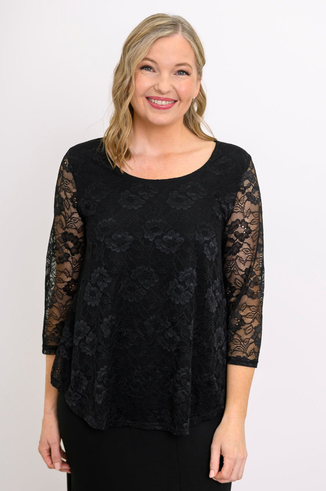 Ellen 3/4 Sleeve Top, Black, Bamboo Lace
