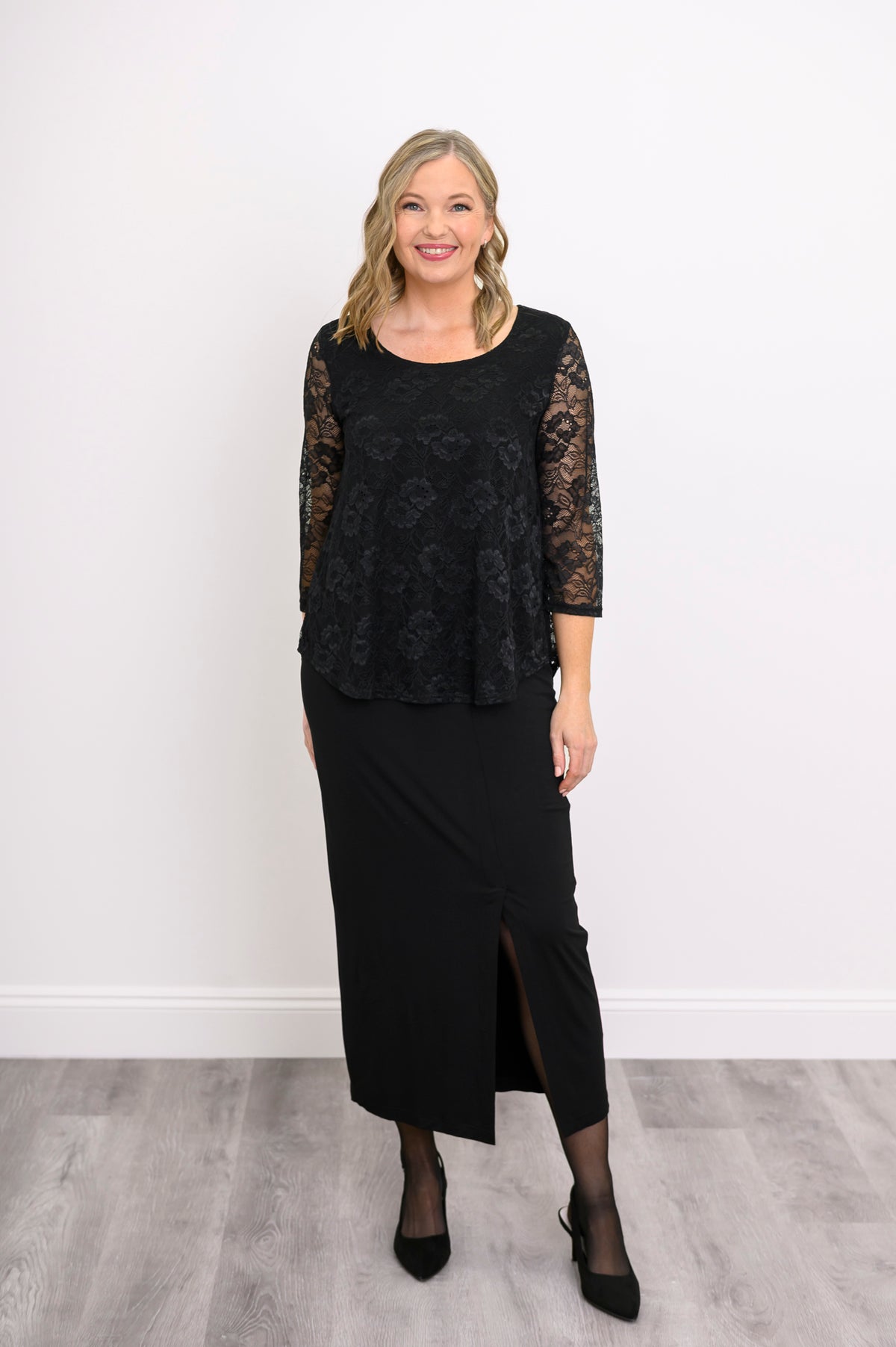 Ellen 3/4 Sleeve Top, Black, Bamboo Lace