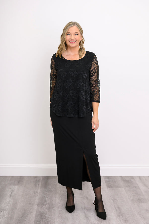 Ellen 3/4 Sleeve Top, Black, Bamboo Lace