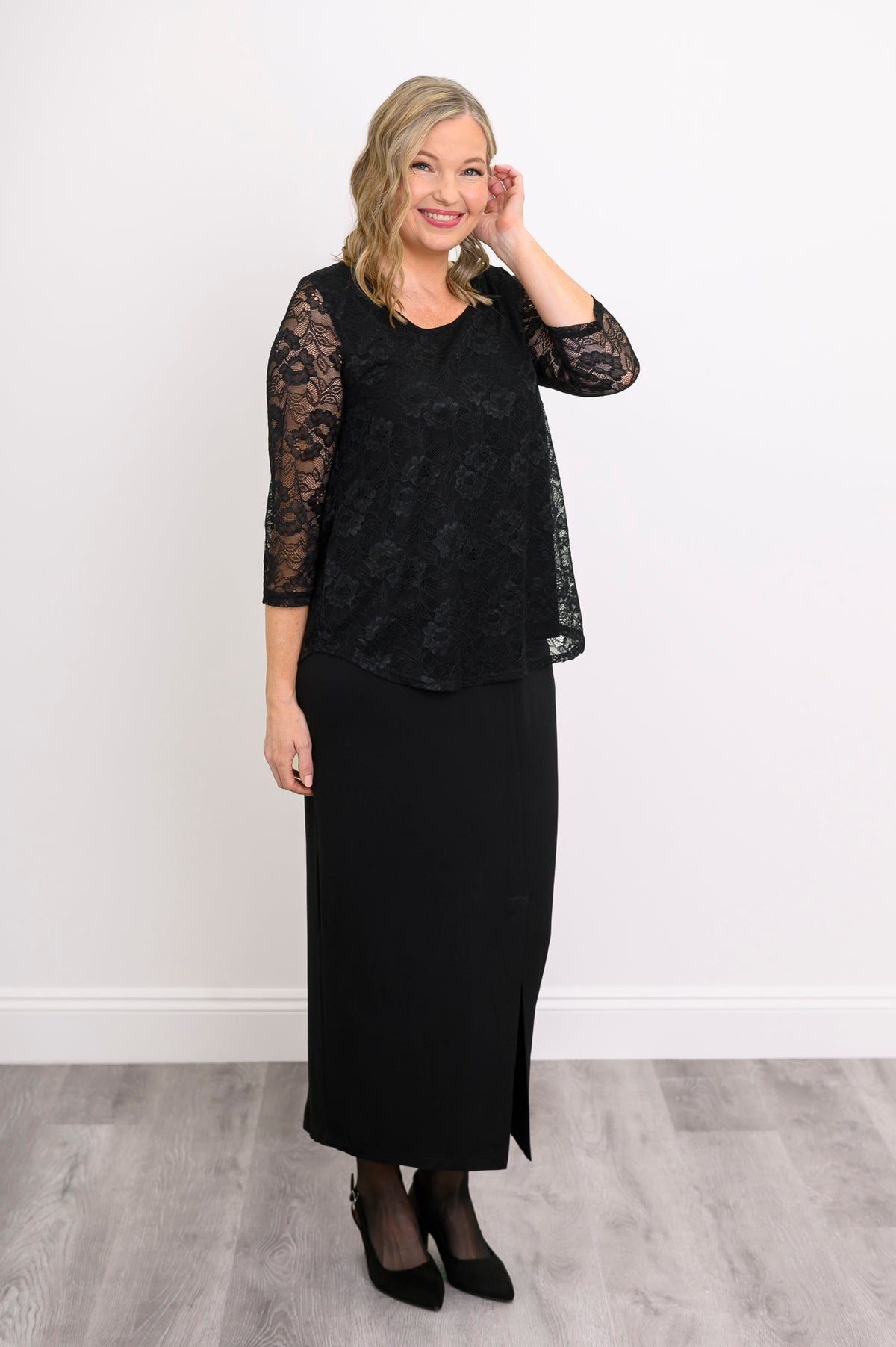 Ellen 3/4 Sleeve Top, Black, Bamboo Lace