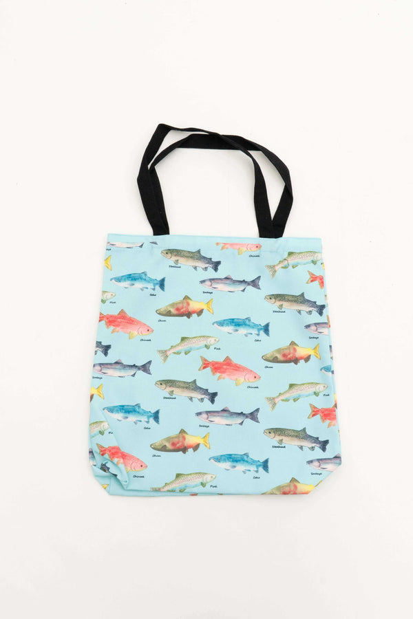 Reusable cotton canvas tote bag with colorful fish print and black handles