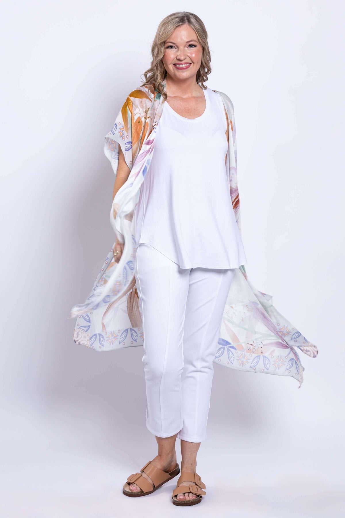 Woman turning in Darcy Watercolour Kimono, showing its flowy nature