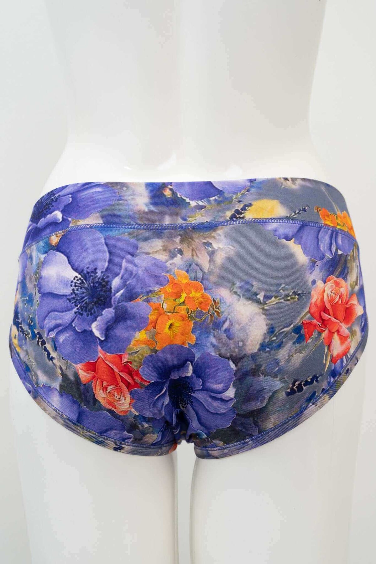 Back view of floral bamboo hipster underwear on mannequin