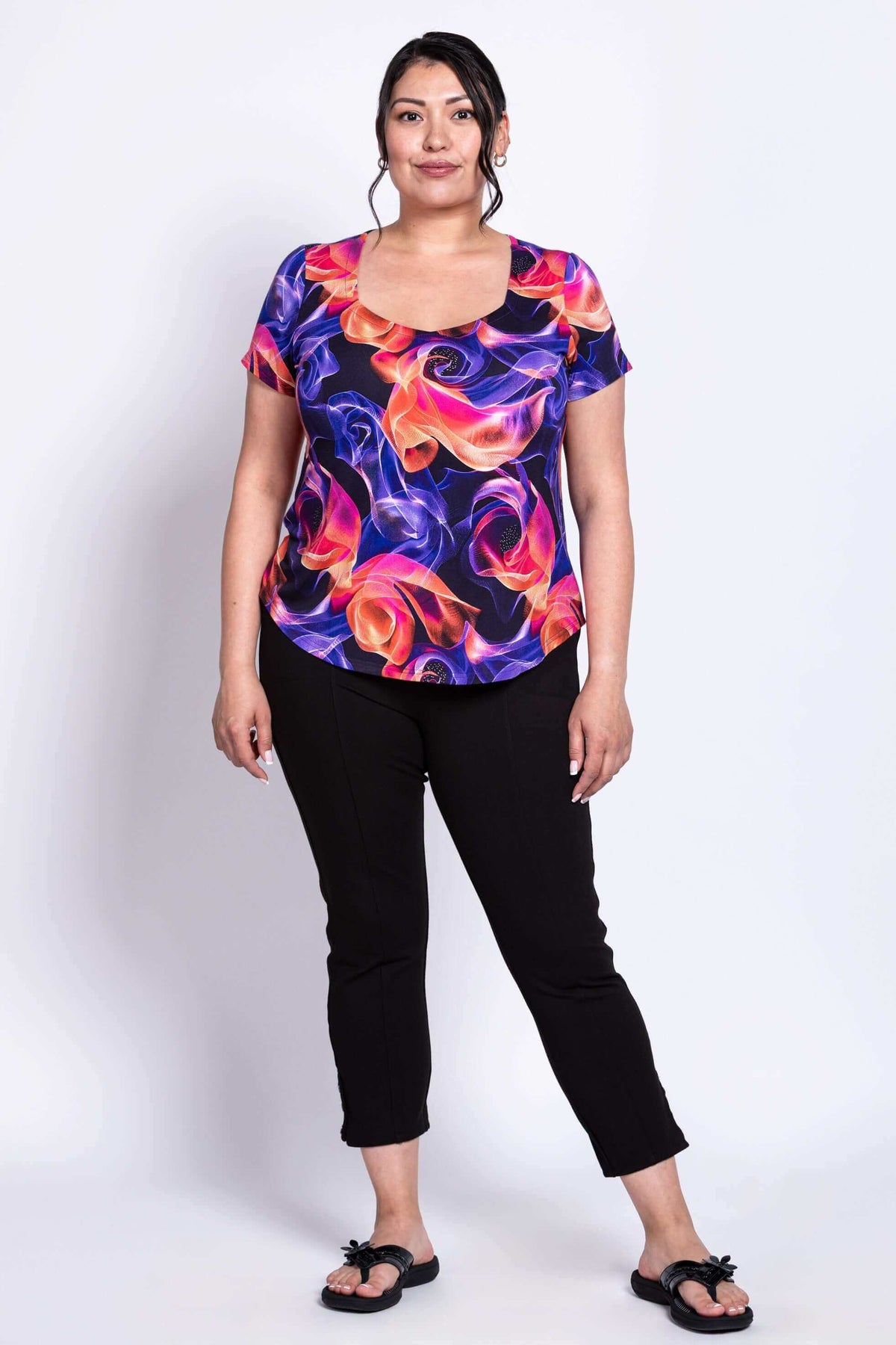 Another front view of model in colorful Ritzy Short Sleeve Top