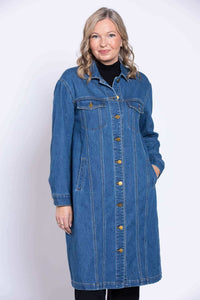 Front angle with model's hand in pocket wearing Geraldine denim jacket