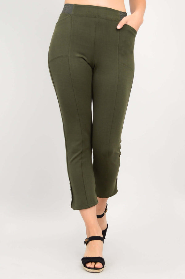 Front close-up of olive green crop pants with pocket and button hem detail