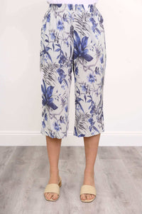 Front close-up of blue floral Bella Capri Pant