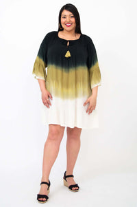 Front view of Ellie Dress with ruffled 3/4 sleeves and tie-neck tassel detail