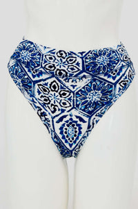 Front view of high rise thong underwear with blue and white tile pattern