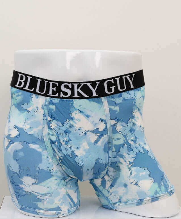 Front view of Blue Sky Guy Middle Man Underwear with blue abstract pattern