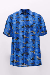 Front view of blue collared shirt with crocodile and alligator print