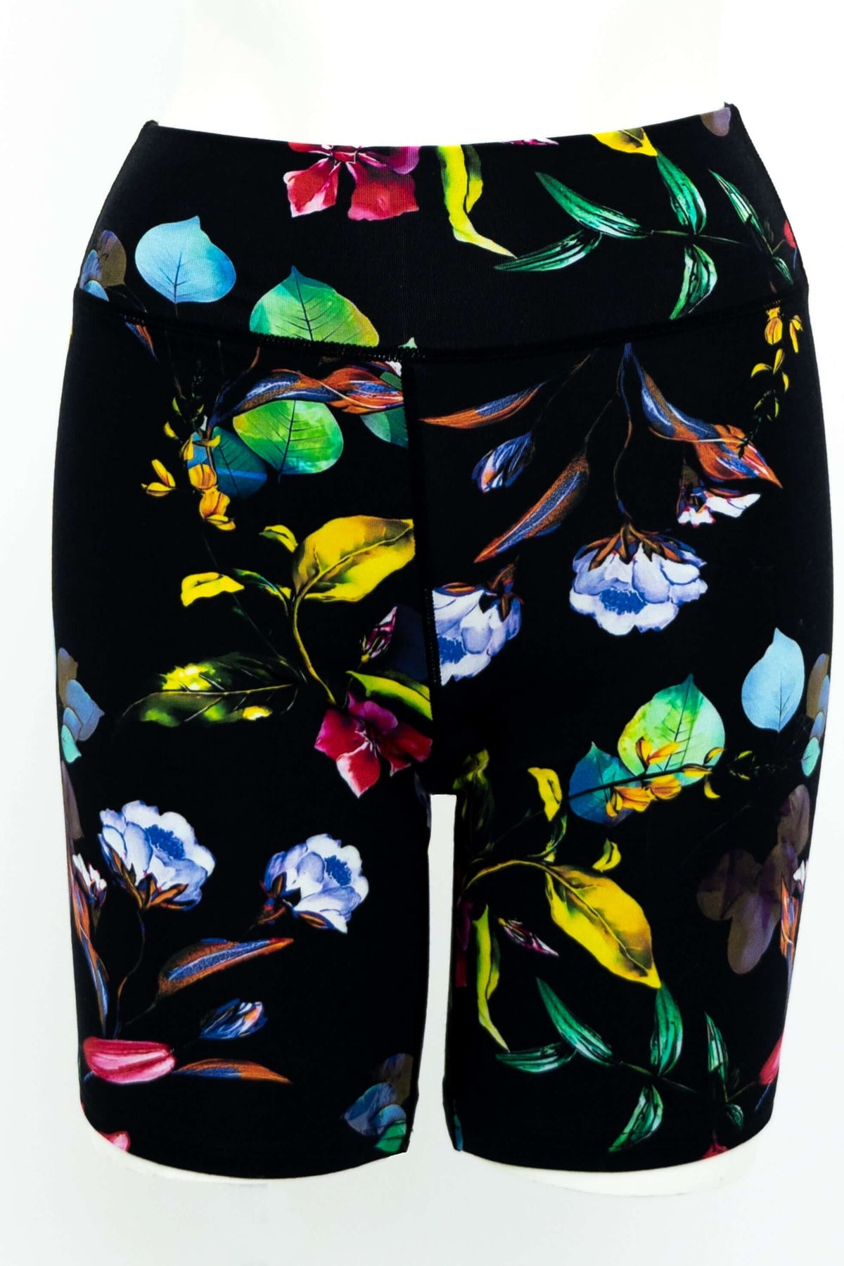 Front view of black bamboo shorts featuring a vibrant floral pattern