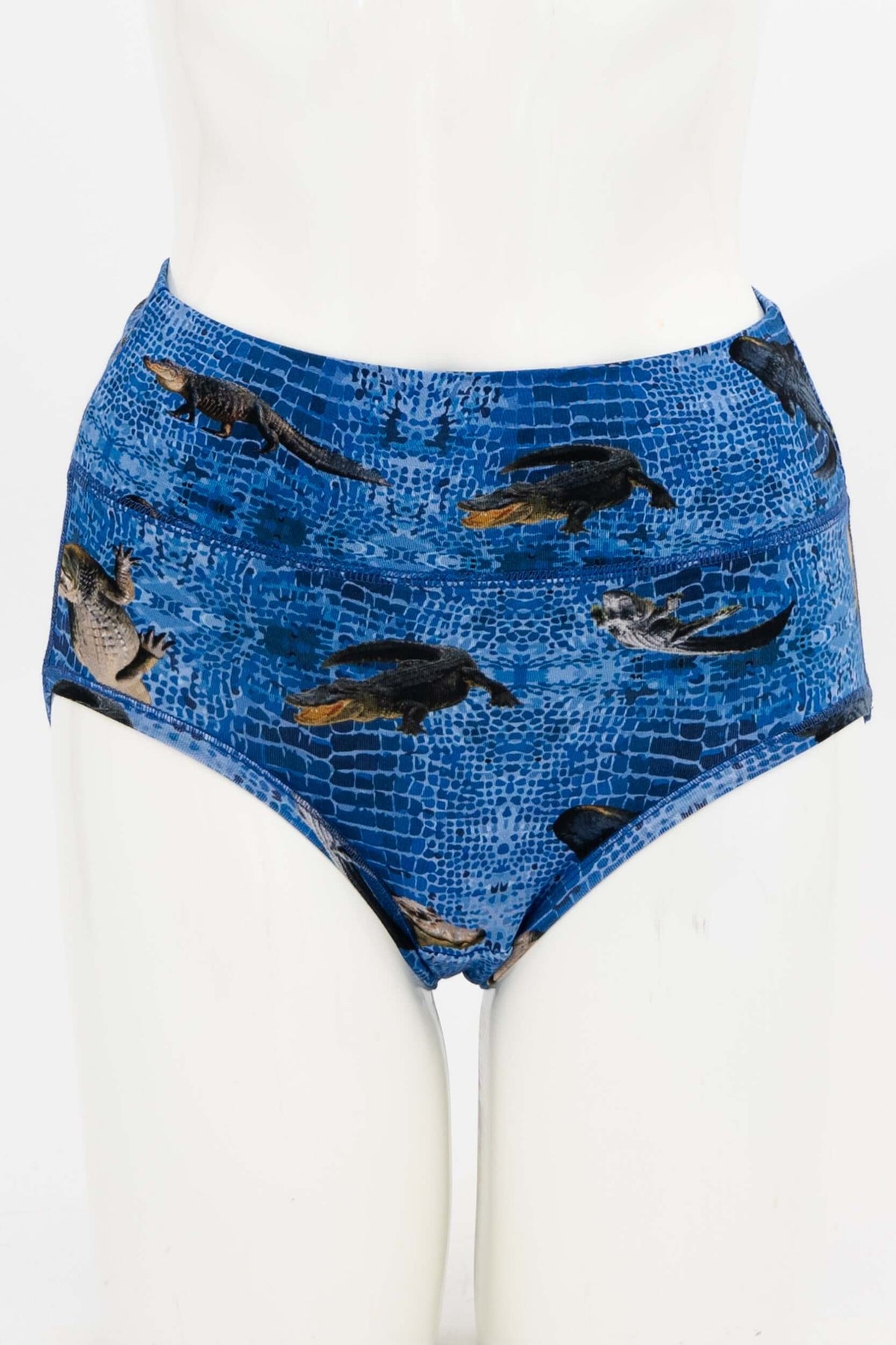 Front view of blue high-waisted brief with crocodile print