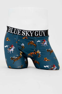 Front view of men's blue bamboo underwear with cowboy print and black BLUE SKY GUY waistband
