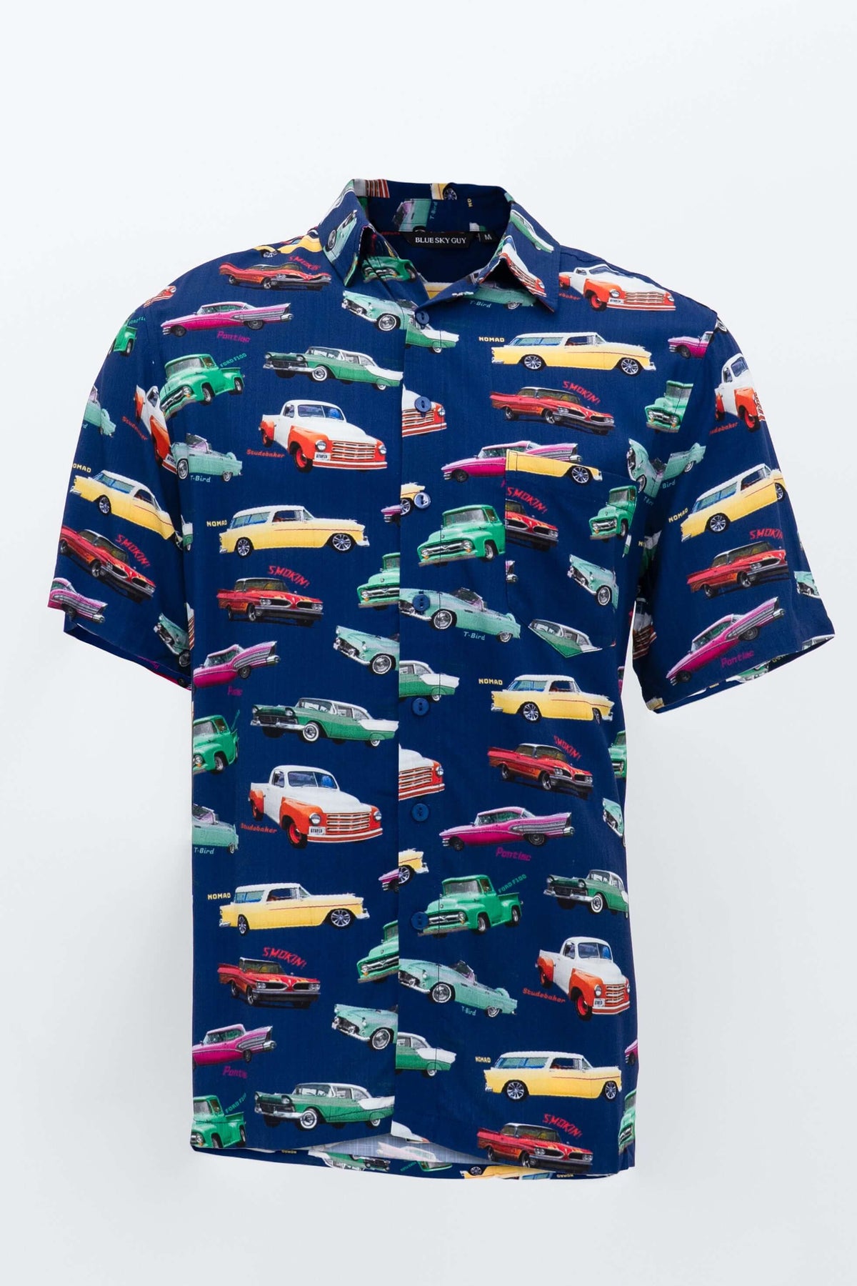 Front view of button-up shirt featuring colorful vintage cars print on a navy background