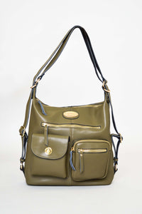 Front view of olive green convertible organizer bag with multiple pockets and gold accents