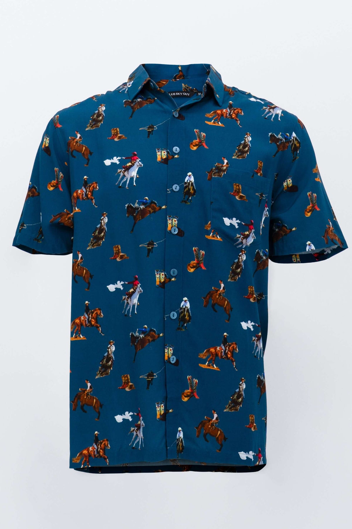 Front view of blue short sleeve shirt with Western rodeo print