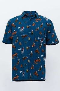 Front view of blue short sleeve shirt with Western rodeo print