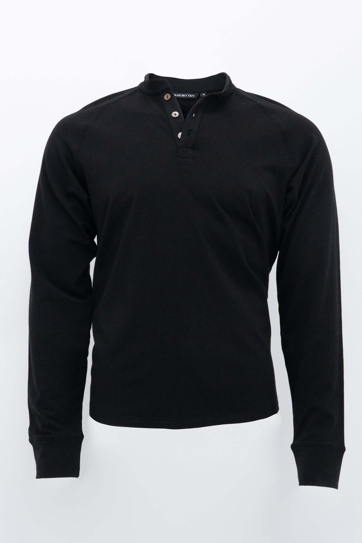 Front view of a black long sleeve Henley shirt with a three-button collar