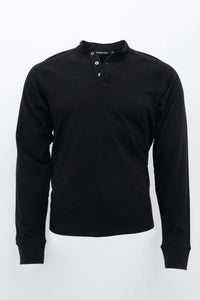 Front view of a black long sleeve Henley shirt with a three-button collar