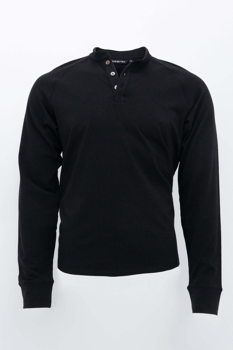 Front view of a black long sleeve Henley shirt with a three-button collar
