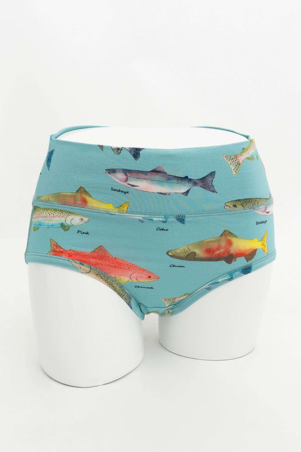 Front view of high-rise bamboo briefs with illustrated salmon fish pattern