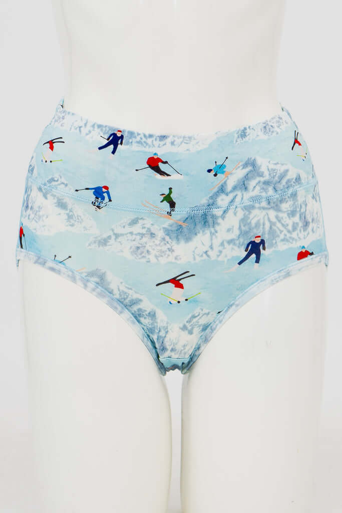 Front view of high-waisted bamboo briefs with ski print on a mannequin