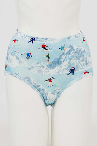Front view of high-waisted bamboo briefs with ski print on a mannequin