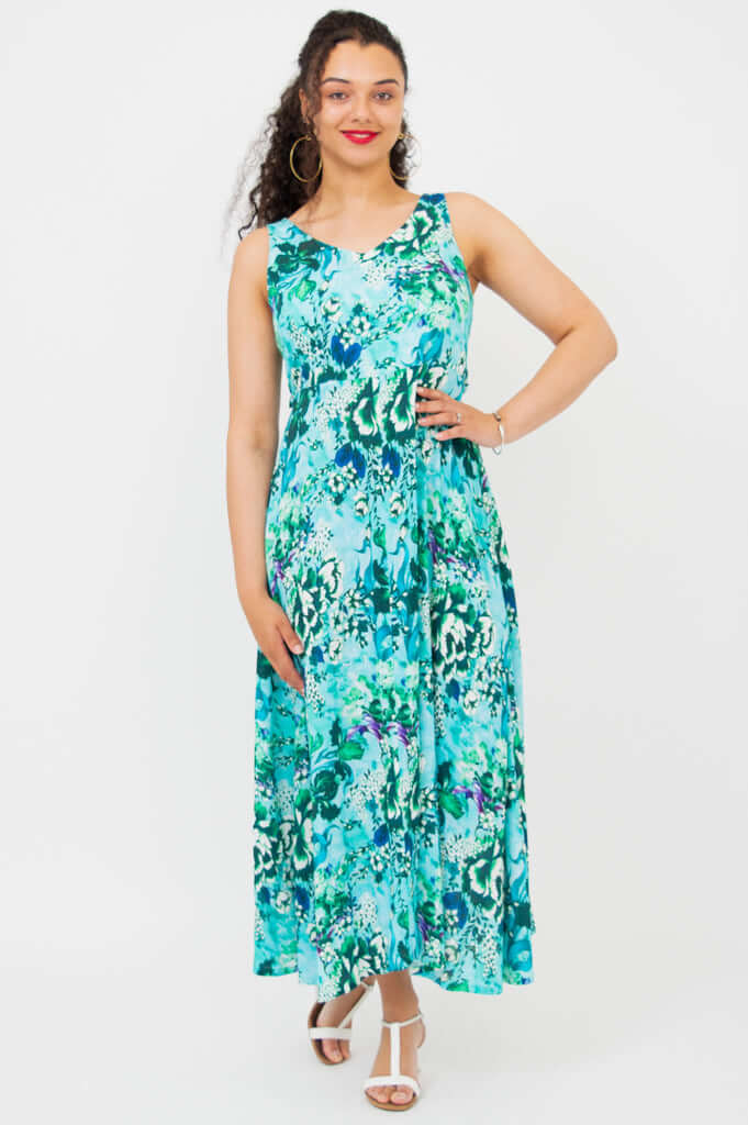 Front view of model wearing Coraline aqua floral maxi dress with empire waist