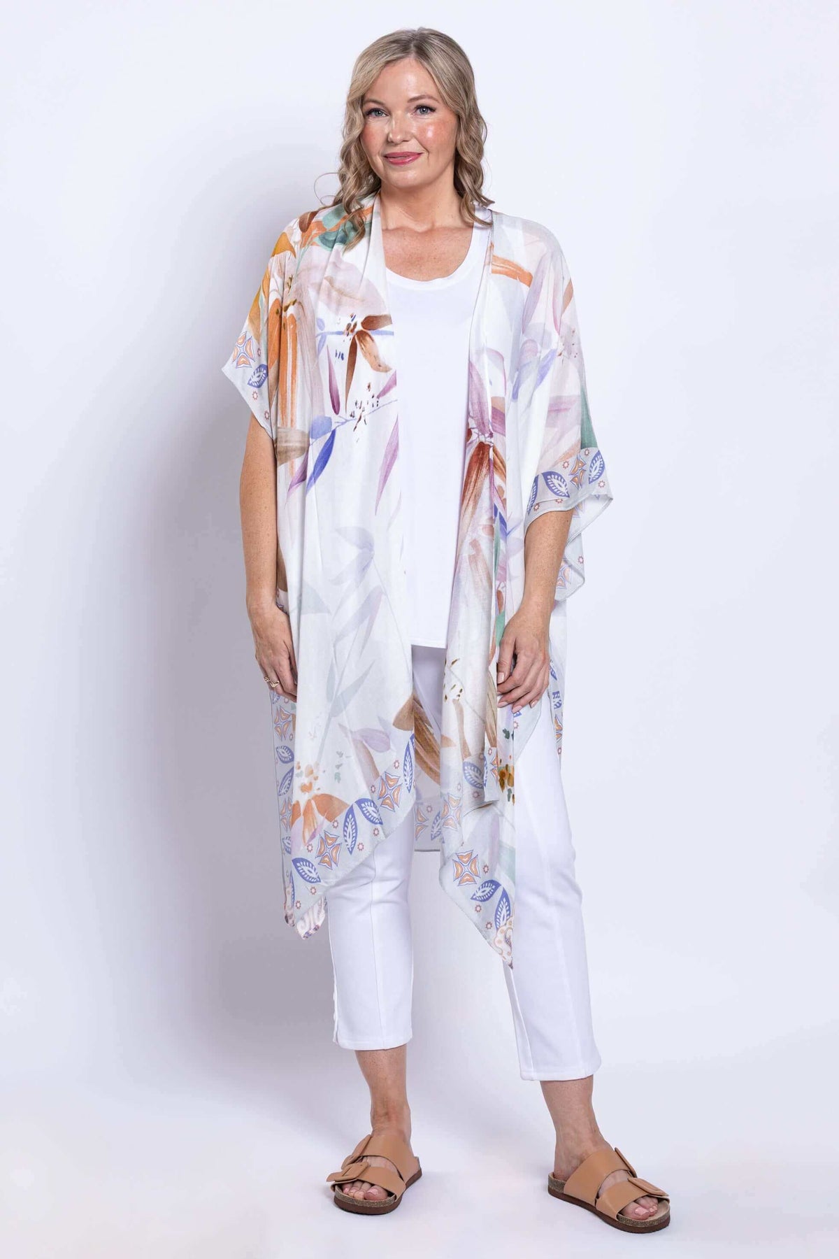 Front view of woman wearing Darcy Watercolour Kimono with floral print
