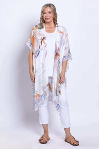 Front view of woman wearing Darcy Watercolour Kimono with floral print