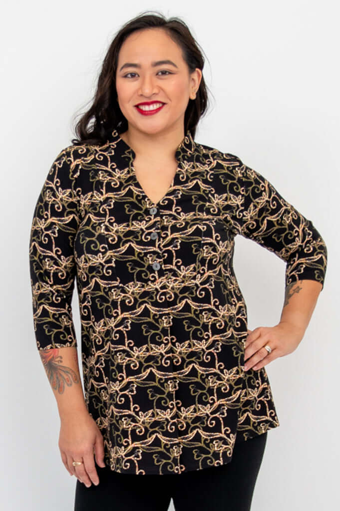 Front view of model wearing Edwina Bamboo Top in Black Vine print