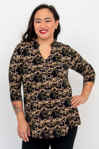 Front view of model wearing Edwina Bamboo Top in Black Vine print