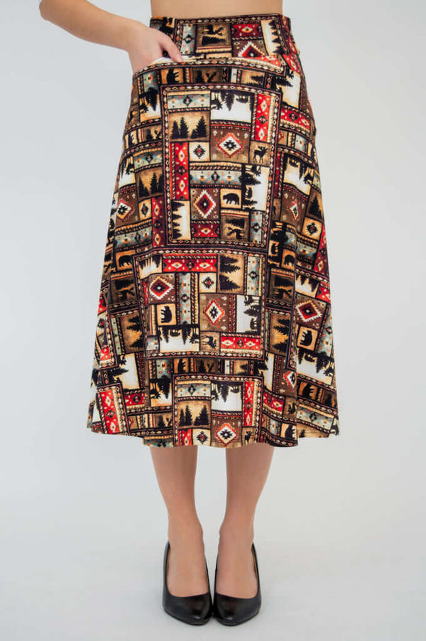 Straight-on front view of Gillian midi skirt showing patchwork pattern and pocket