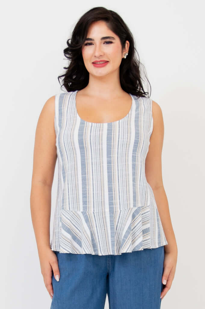 Front view of model wearing Ginny Tank with blue and white stripes