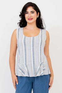 Front view of model wearing Ginny Tank with blue and white stripes