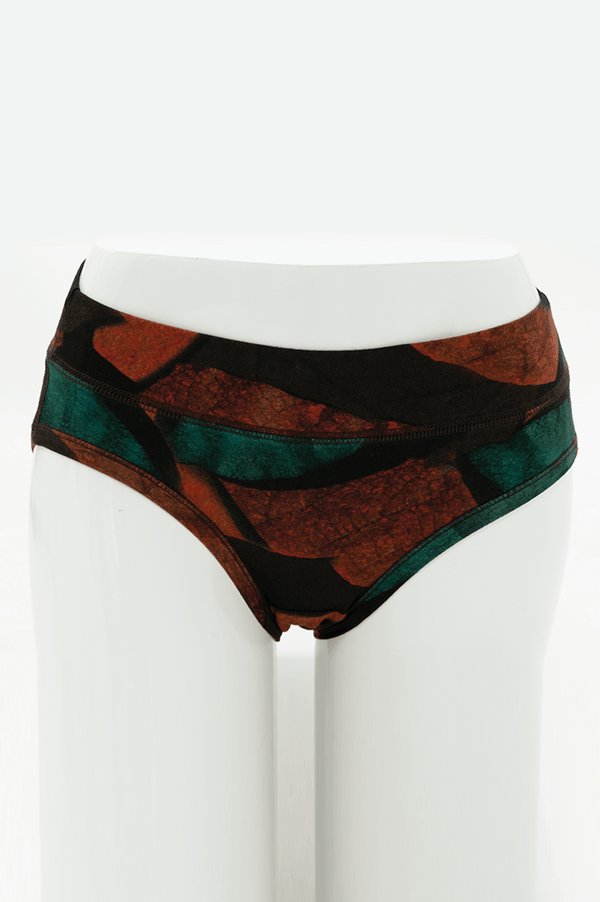 Front view of hipster underwear in autumn leaf print on mannequin