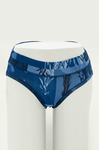 Front view of blue bamboo print hipster underwear on mannequin