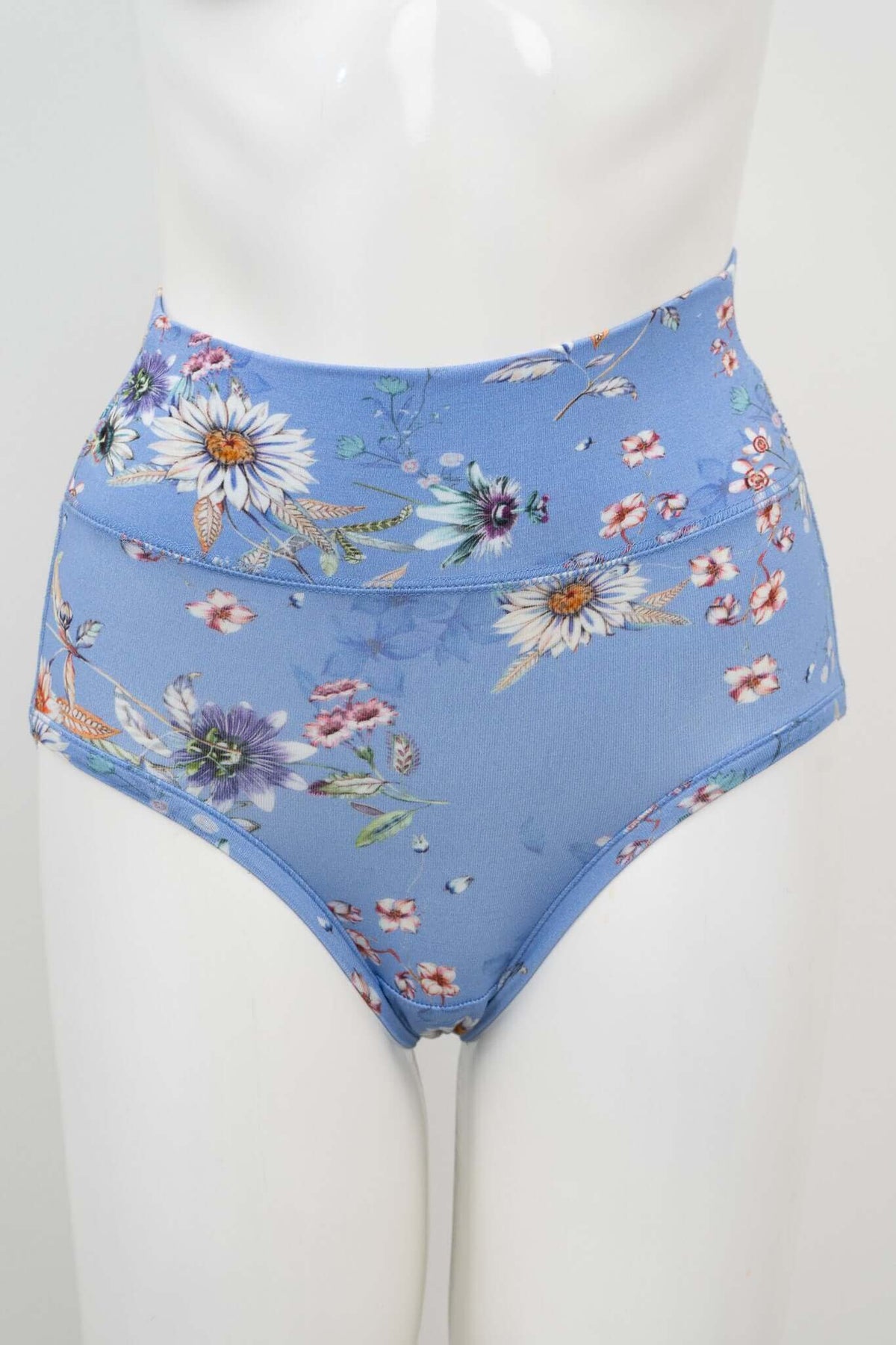 Front view of blue floral high-waisted brief on mannequin