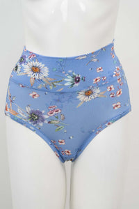 Front view of blue floral high-waisted brief on mannequin