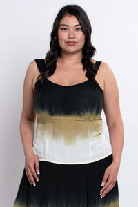 Front view of model wearing a dip dye tank top with wide straps and fitted bust