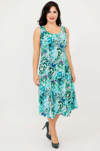 Front view of model wearing an aqua blue sleeveless floral A-line dress