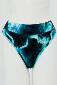 Front view of high rise thong underwear in blue marble pattern